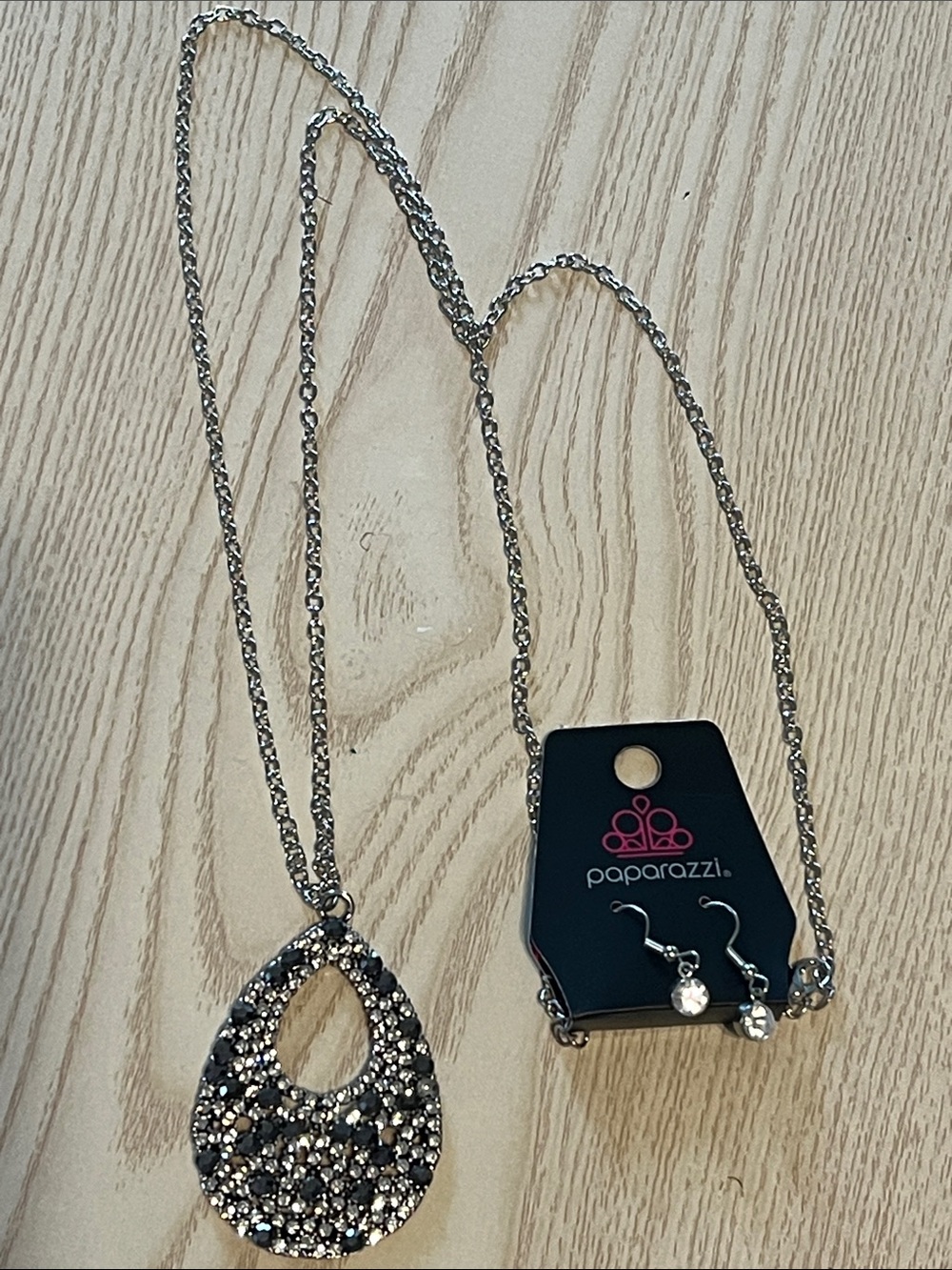 Paparazzi Silver and Black Crystal Teardrop Necklace with Matching Earrings